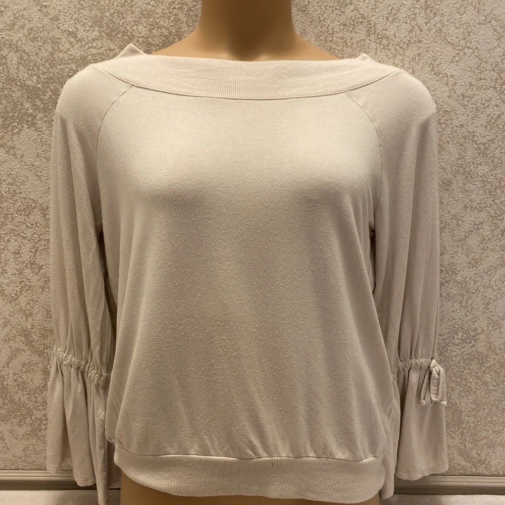 Express Cream Beige Women's Blouse with Gathered Tie Bell Sleeves